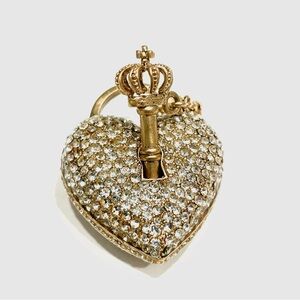 RARE Vintage JUICY COUTURE Gold Pavé Puff Heart Lock and Crown Key on Chain Y2K